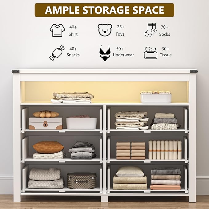 Dresser for Bedroom with 6 Drawers, Wide Chest of Drawers with LED Light and Power Outlet, Wooden Closet Organizer Clothes Storage Cabinet, Modern Double Dressers for Living Room, Hallway, White