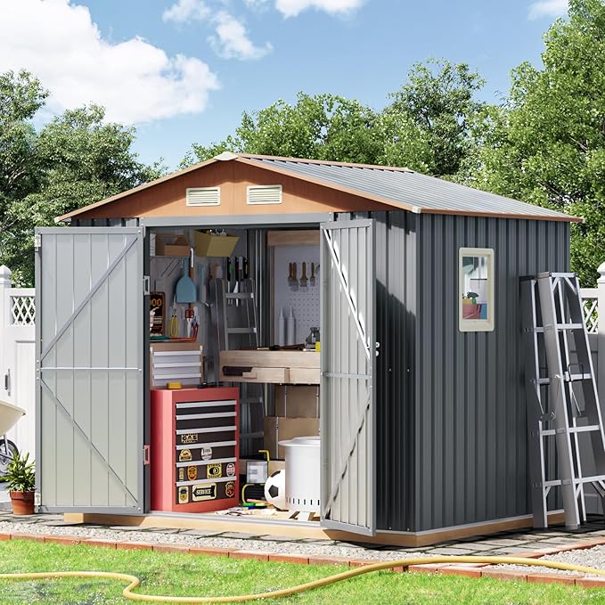 8x6FT Metal Shed & Outdoor Storage Shed, Steel Tool Multi-Used Shed with Vents,Lockable Doors,Window,Compact Tool Shed for Backyard, Patio, Lawn and Garden Various Storage(Matte Gray)