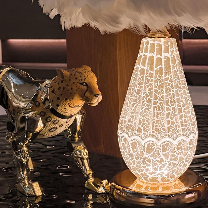 Feather Table Lamp with Cracked Ice Glass Bottle & Gold Base, 2 Separate Lights