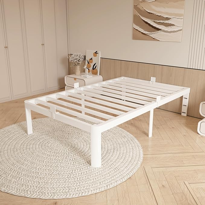 14 Inch Twin Size Bed Frame with Metal Gaskets, No Box Spring Needed, DIY Headboard, Heavy Duty Steel Slat Support, Anti-Slip Mattress Stopper, Round Corner Leg, Easy Assembly, White