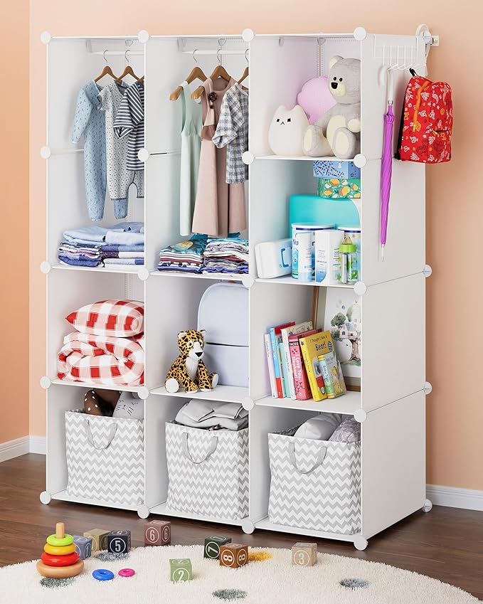 Baby Closet Organizer for Nursery: Durable Baby Wardrobe for Closet - Customizable Baby Dresser Amoire Shelves - Waterproof Shelf Clothes Organizer w/Wall Fixation (White)