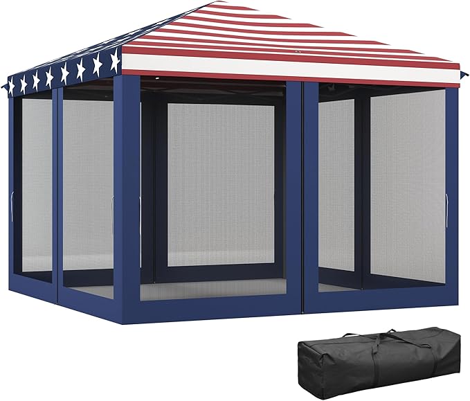 Outsunny 10' x 10' Pop Up Canopy Tent with Netting, Instant Gazebo, Screen House Room with Carry Bag, Height Adjustable, for Outdoor, Garden, Patio, Camping, Blue and Red