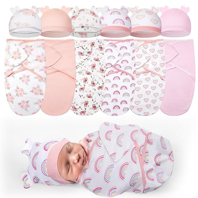 Ramede 6 Pack Preemie Swaddle Blanket with Hats Sleep Swaddle for Baby Boy Girl Preemie Newborn Sacks Soft Cotton Wearable(Heart,Pink)