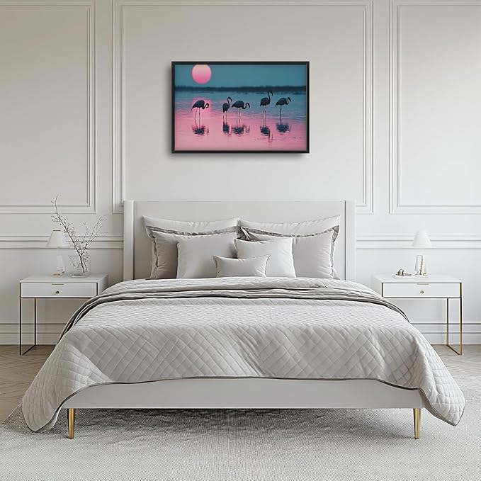Olivine Flamingo Wall Art, Sunset Pictures Wall Decor, Beach Painting, Tropical Animal Canvas Prints, Framed Artwork for Bathroom Bedroom Living Room Office Home Decoration 36"x24"
