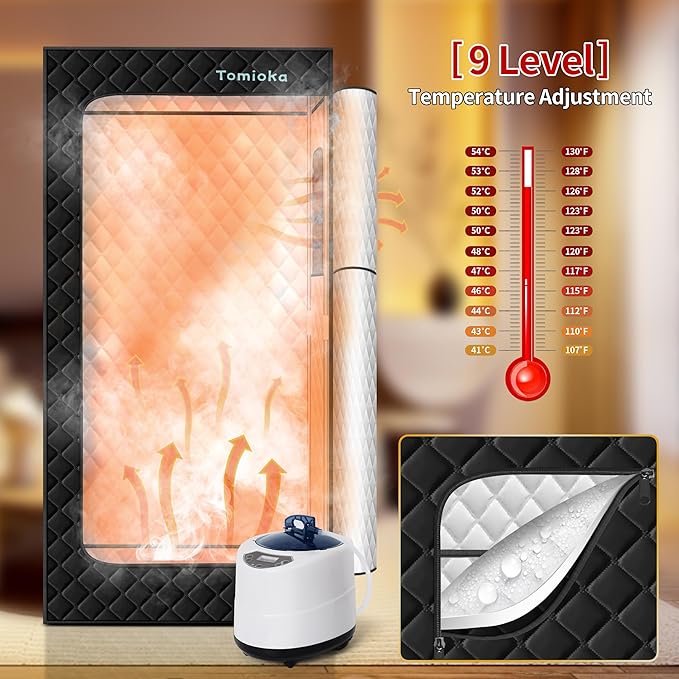 Tomioka Sauna Box,Portable Steam Sauna for Body Relaxation,Portable Personal SPA Steam Tent with 3L /1500W Steamer, 9 Levels Temp Control,Indoor,Outdoor (Black)