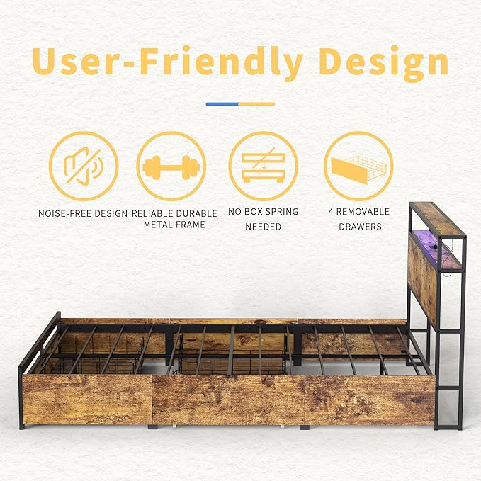 Queen Bed Frame with Storage Headboard and 4 Drawers LED Lights Metal Platform Non-Slip Without Noise Mattress Foundation Strong Metal Slats Support No Box Spring Needed
