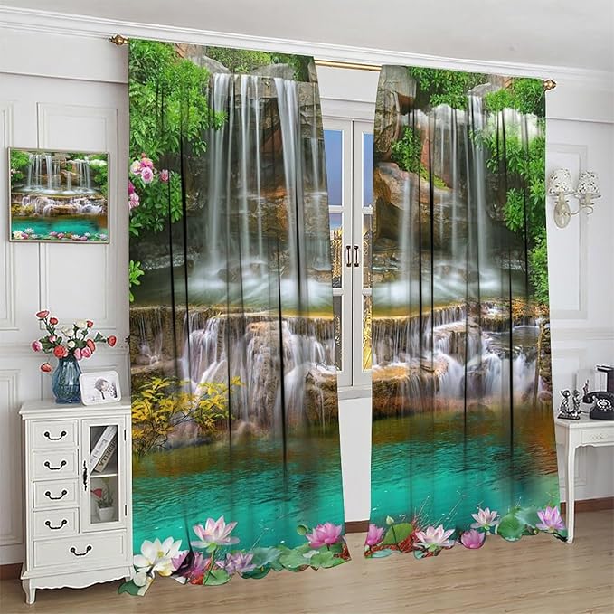 Waterfall Blackout Window Curtains, Rocky Waterfall to Pond Running Off Scenic Nature Themed Picture Print Window Drapes, for Living Room Bedroom 63x63in 2 Panels
