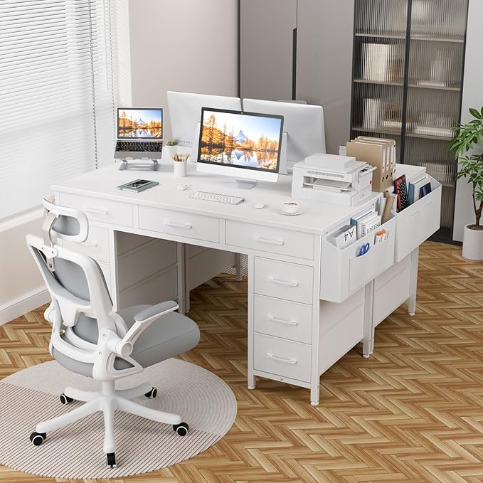 Lufeiya 47 Inch Computer Desk with 9 Drawers, Office Desk Work Desk for Home Office, Study, Writing, Vanity Desk with Fabric Drawers on Both Sides, Large Storage, White