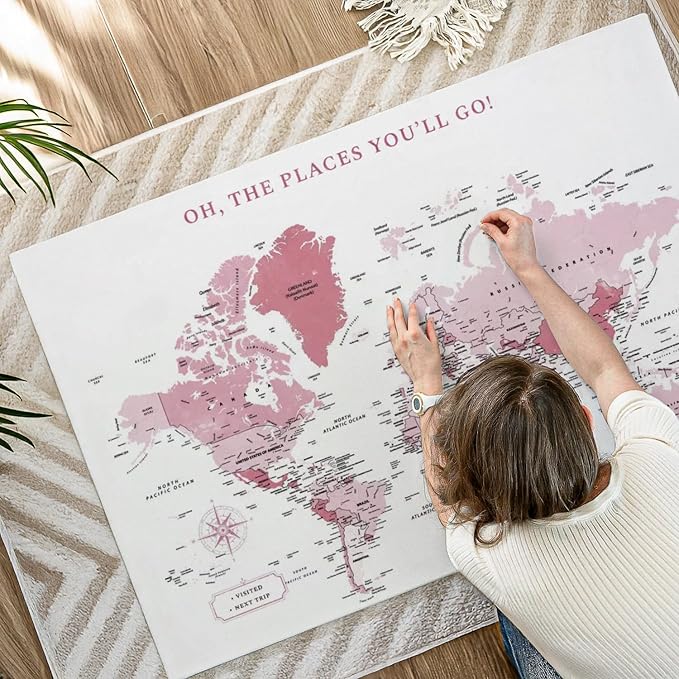 ElephantStock - Places You'll Go Push Pin World Map Wall Art - Horizontal Canvas Wall Art - Living Room Wall Decor - Digital Art Map Canvas Art - White And Pink Decor - 51" x 34"