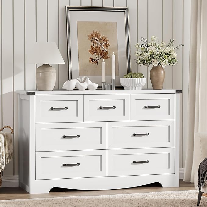 Dresser for Bedroom with 7 Drawers, 48" Wide Modern Chest of Drawers with Deep Drawers & Mental Handle, Wood Dresser TV Stand, Wooden Closet Storage Organizer for Living Room, Hallway, Entryway, White