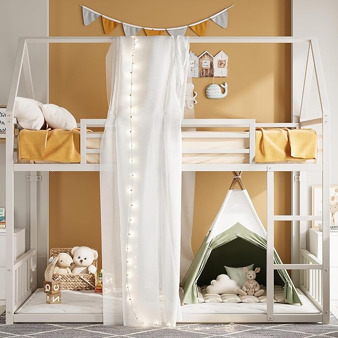 LIKIMIO Bunk Bed Twin Over Twin, House Bunk Bed Frame with Ladder and Guardrail, House Shaped with Metal Slats for Dormitory and Bedroom, Space Saving, No Box Spring Needed, White