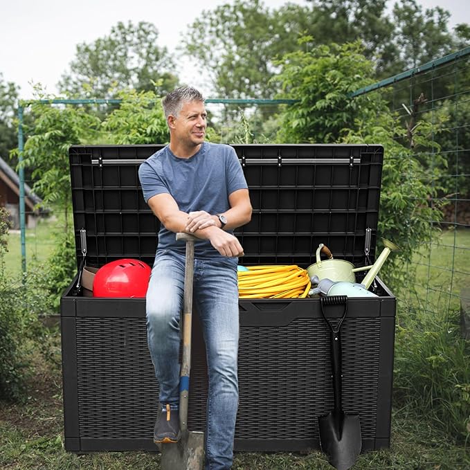 Greesum 100 Gallon Resin Deck Box Large Outdoor Storage, Imitation Rattan Weave Texture for Patio Furniture, Garden Tools, Pool Supplies, Weatherproof and UV Resistant, Lockable, Dark Black