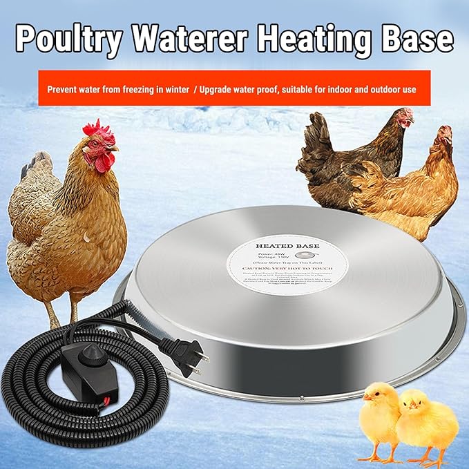 Chicken Water Heater, Thermostat Control Heated Poultry Waterer Base Overheat Protection Poultry Drinker Heater Base for Metal Plastic Poultry Drinker