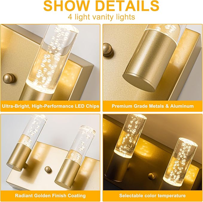 Bathroom Vanity Light Fixtures Over Mirror Brushed Golden Finish Coating