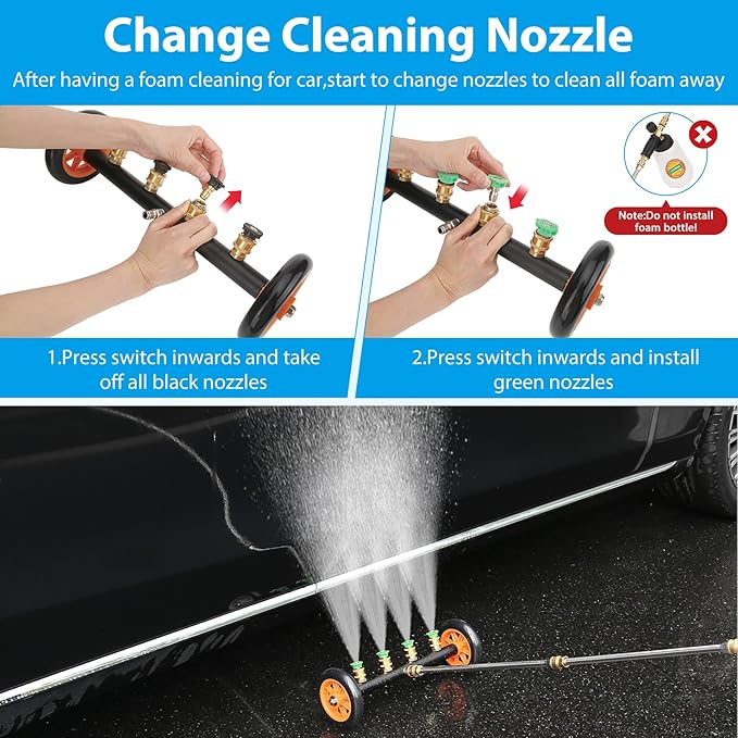 2-in-1 Undercarriage Pressure Washer Water Broom with Replaceable Nozzle, 16 Inch Car Pressure Washer with Foam Washer/Mitten, Surface Cleaner 1200-4000 PSI (with Bottle& Replaceable Nozzle)