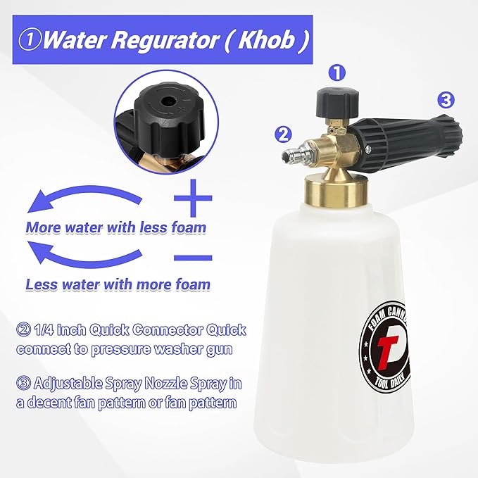 Tool Daily Foam Cannon for Pressure Washer with Double Tip Attachment, Dual Lance Wide Mouth Soap Cannon, 5 Power Washer Sprayer Nozzles, 1/4" Quick Connect, 3600 PSI