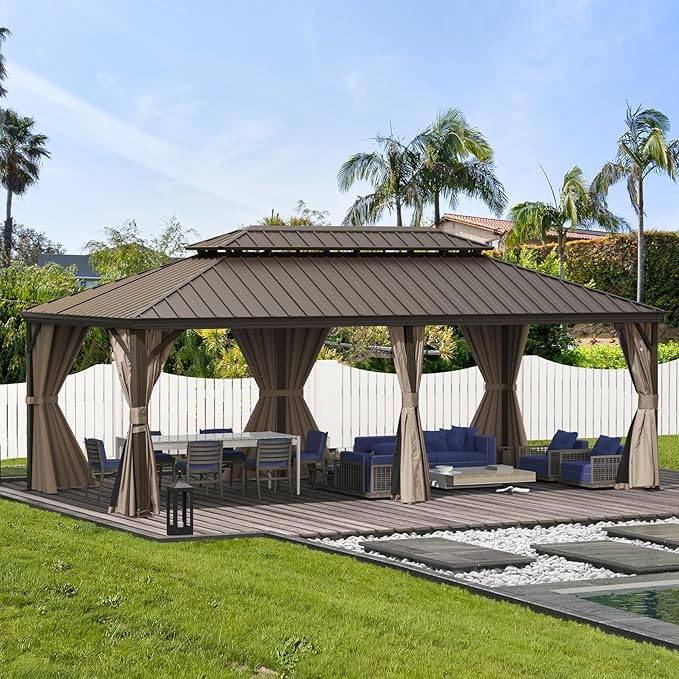 Domi 14'x24' Hardtop Gazebo Canopy,Outdoor Aluminum Gazebo with Galvanized Steel Double Roof,Large Permanent Gazebo Pavilion for Patio Deck Backyard,Curtain and Netting, Dark Brown