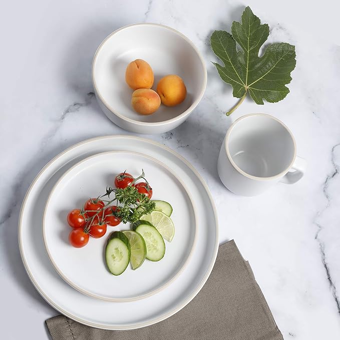 Gibson Home Zuma 16 Piece Round Kitchen Dinnerware Set, Dishes, Plates, Bowls, Mugs, Service for 4, Matte Stoneware, White