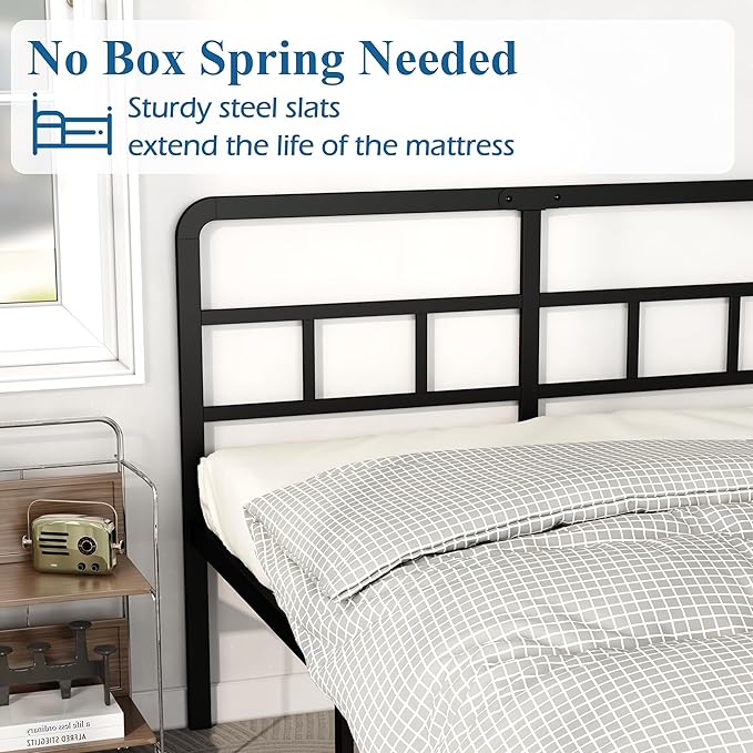 18 Inch Full Size Bed Frame with Headboard No Box Spring Needed, Heavy Duty Metal Platform with Steel Slat, Mattress Foundation, Easy Assembly, Noise Free, Black