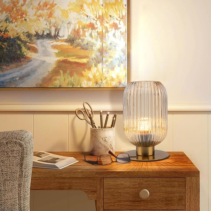 Small Table Lamp, Mid Century Modern Bedside Table Lamp, Amber Ribbed Glass