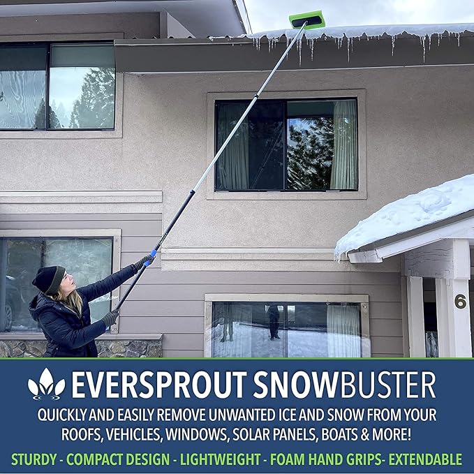 EVERSPROUT Never-Scratch SnowBuster and Ice Scraper 5-to-12 Foot (Up to 18 ft Standing Reach) | Pre-Assembled Extendable Roof Rake for Snow Removal | Lightweight Aluminum, Soft Foam Pad
