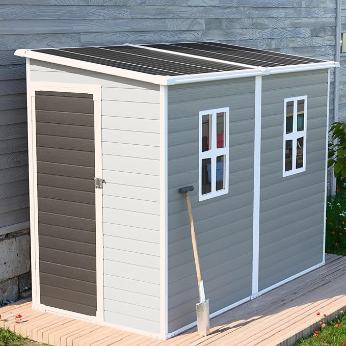 CDCASA 4x8 FT Resin Lean to Shed, Waterproof Outdoor Storage Sheds with Floor & Lockable Door & 2 Windows, Vent, Plastic Tool Shed for Outside, Backyard, Patio, Poolside, Gray
