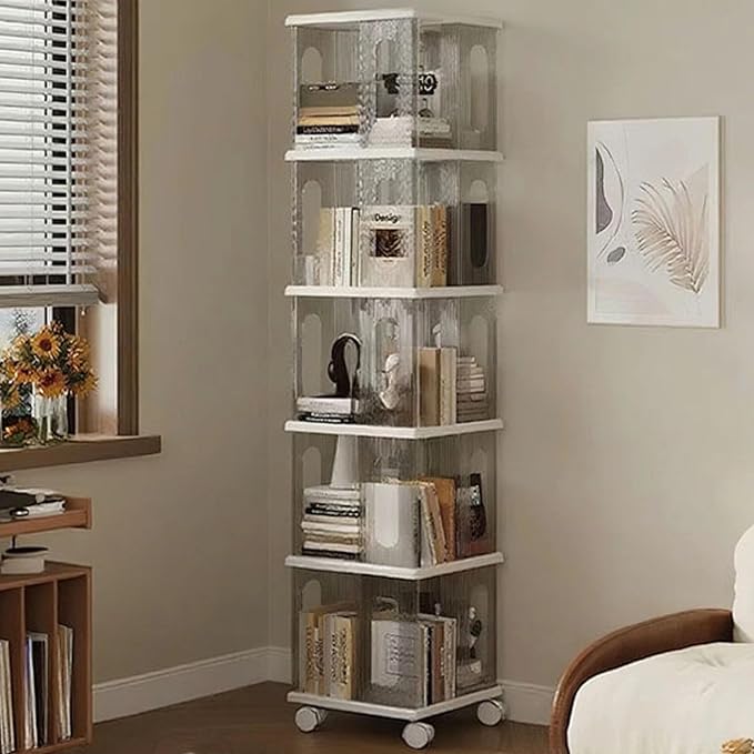 Rotating Bookshelf Tower, 360-Degree rotating bookshelves, Small Space Spinning Bookshelf with Wheels, Revolving Bookcase Suitable for Bedrooms, Living Rooms, Studies and Offices (Grey,5Tier)
