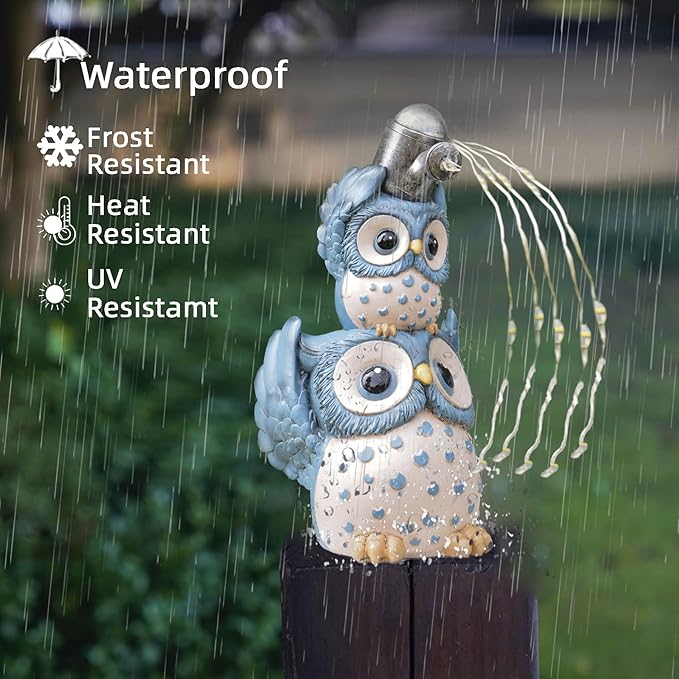 Solar Garden Statues Outdoor Decor, Watering Owl Statue Garden Decor, Resin Yard Decorations Outdoor for Patio, Porch, Balcony, Lawn Ornaments, House Warming Birthday Gifts for Mom Women Grandma