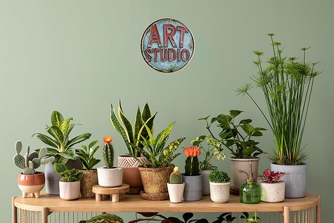 Rustic Art Studio Metal Tin Sign 8x8 In Vintage Round Wall Decor with Blue & Red for Office Bar Cafe Garage Bathroom Bedroom Decor