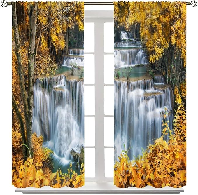 Waterfall Blackout Curtain, Autumn Season Trees Leaves Natural Landscape Window Drapes, for Bedroom Living Room 52" W X 84" L