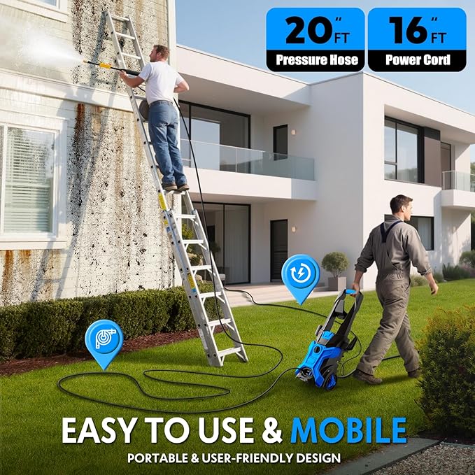 Power washers for Home, 4 Quick-Connect Nozzles & Adjustable Soap Tank Washers for Cars, Driveways, Patios, Fences, Home Cleaning (Blue)