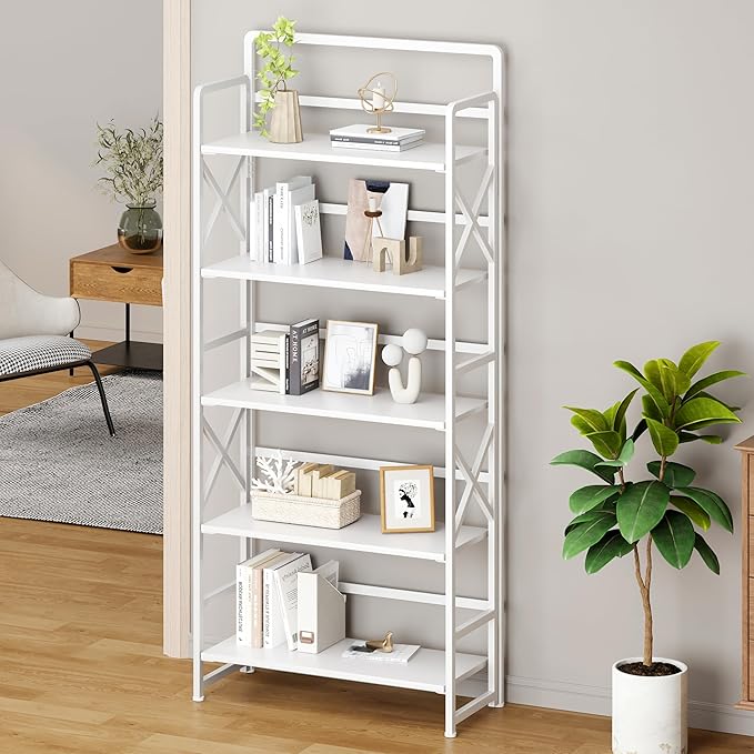 No Assembly Folding Bookshelf, 5 Tiers Vintage Wood Collapsible Book Shelf for Storage,Industrial Metal Foldable Bookcase Organizer for Living Room Bedroom Home Office (White)