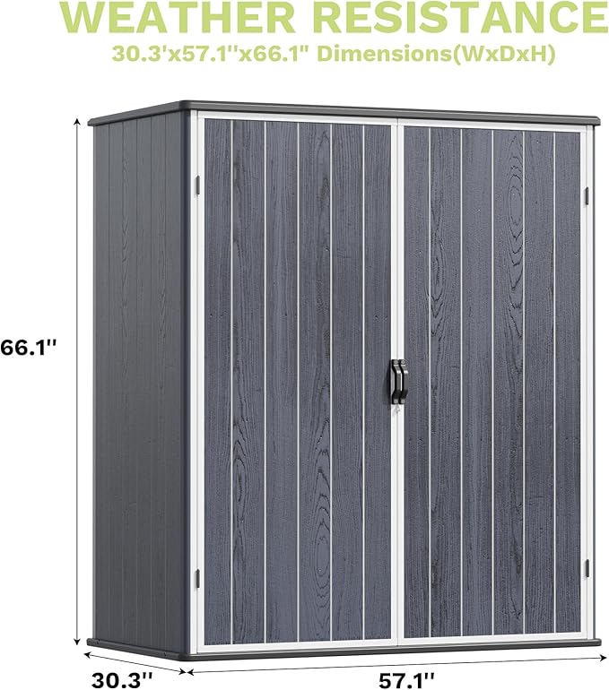 Devoko 5 x 3 Resin Outdoor Storage Shed with Floor - Waterproof Plastic Outdoor Tool Cabinet with Lockable Doors for Patio Furniture, Pool Accessories, Garden Tools (Deep Gray)