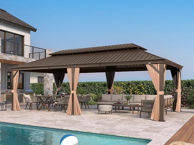 PURPLE LEAF 14' X 28' Outdoor Hardtop Gazebo Patio Wide Aluminum Frame Galvanized Steel Double Roof with Heavy Duty Netting and Curtains for Permanent Hard Top Pavilion Screen Khaki