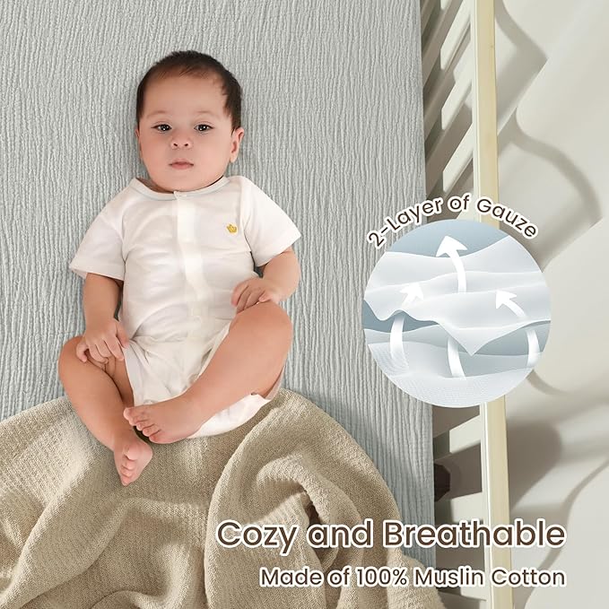 david's kids Muslin Mini Crib Sheets, 2 Pack Cotton Pack N Play Sheets for Boys Girls Neutral, Soft Breathable Baby Sheets Fit Pack N Play, Playard and Mini Crib Mattresses, Oat Milk & Light Gray