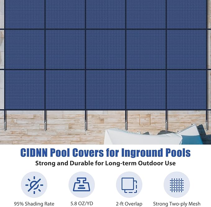 Inground Pool Cover Safety Fits Rectangle Swimming Pool, Mesh Solid Pool Cover for Inground Pools,Winter Pool Safety Cover Includes Safety Net and Installation Tools Blue (Blue, Fits 16x32ft Pools)