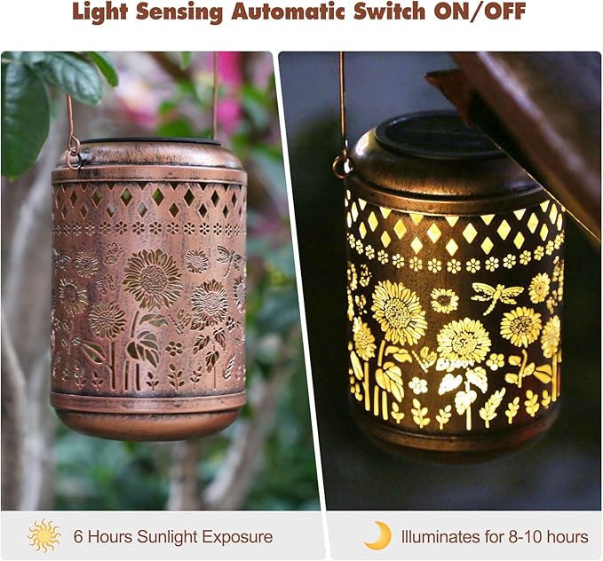 Kaixoxin 2 Pack Solar Garden Decor Metal Lantern Sunflower Table Lamp Bronze