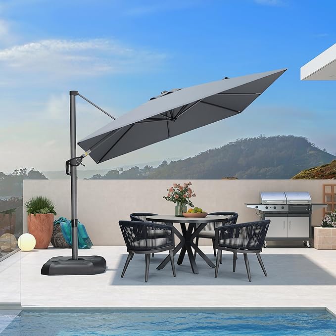 PURPLE LEAF 9 Feet Patio Umbrella Outdoor Cantilever Square Umbrella Aluminum Offset Umbrella with 360-degree Rotation for Garden Deck Pool Patio, Light Grey