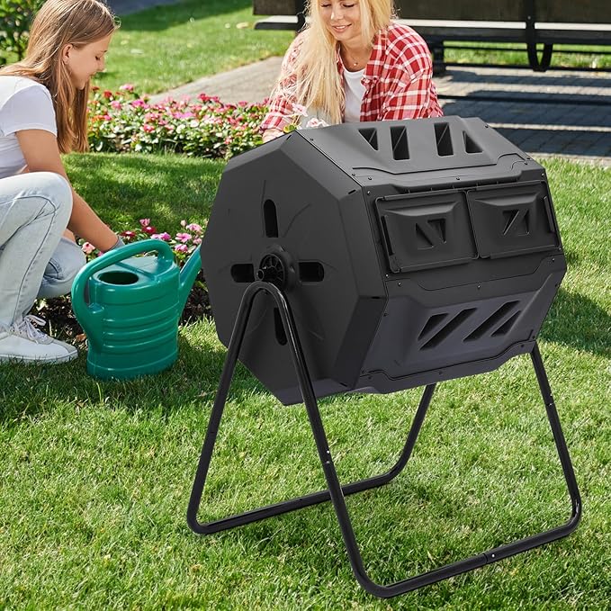 MoNiBloom 43 Gallon Compost Tumbler, Outdoor BPA Free Large Dual Chamber Tumbling Compost Bin All-Season Fast Working Tumbling Composter, High Volume Composter with 2 Sliding Doors