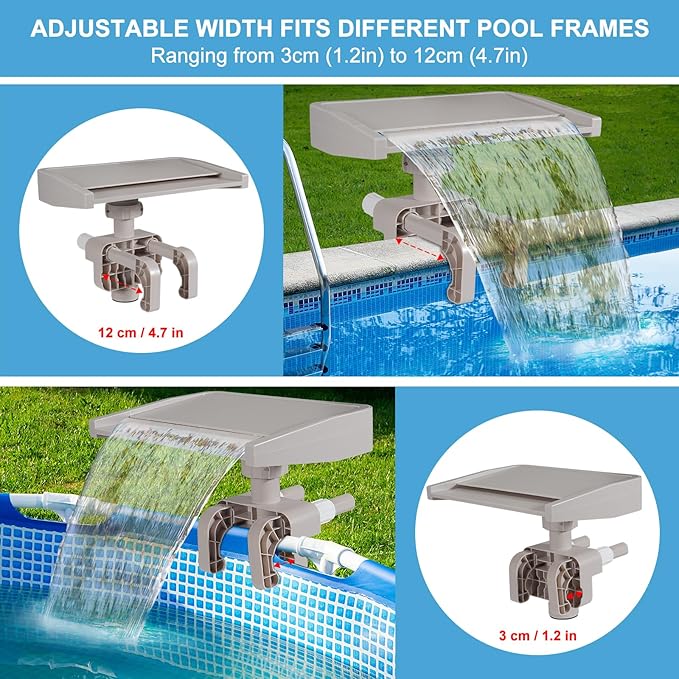 Pool Fountain Waterfall for Above Ground Pools, Swimming Pool Frame Attachment Clamp Accessory, Relaxing Cascade Soothing Waterfall, Adjustable Width Fits Various Frames (Beige)