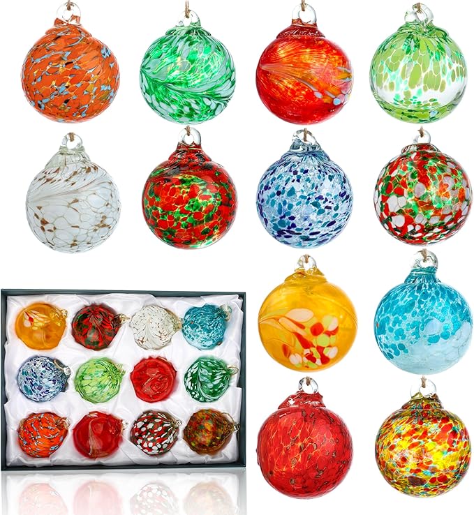 Set of 12 Hand Blown Glass Ornaments Hanging Gazing Balls Witches Balls, Outdoor Patio Garden Decor