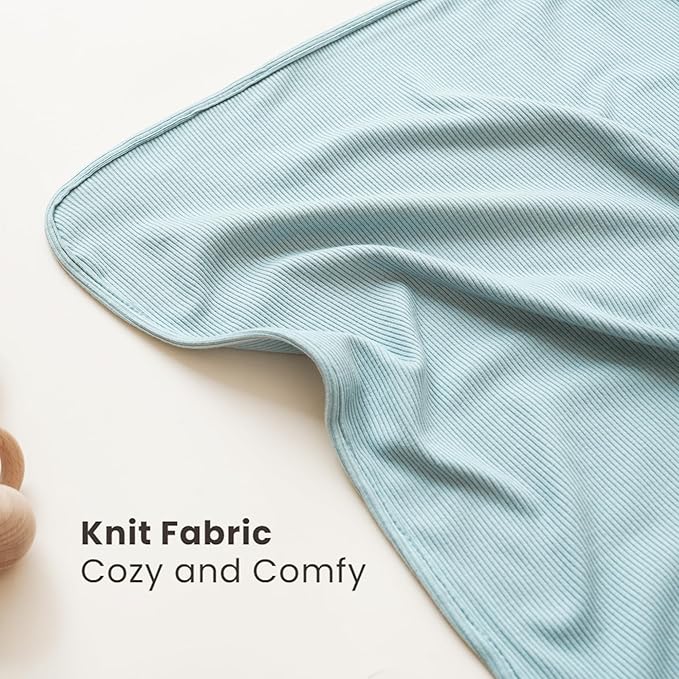 Konssy Knit Baby Blanket 2 Pack, Soft Ribbed Swaddle Receiving Blankets for Boys & Girls, Lightweight Cozy Swaddling Wrap for Newborns, Infants, & Toddlers, 33x42 Inch (Blue, Beige)