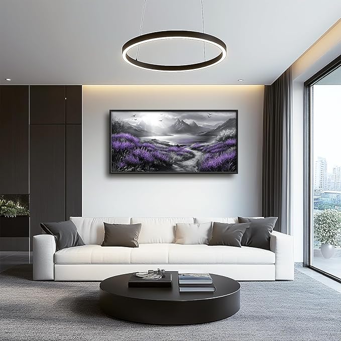 Olivine Large Wall Art, Landscape Pictures Wall Decor, Black And White Mountain Painting, Purple Nature Scenery Canvas Prints, Framed Artwork for Living Room Bedroom Bathroom Office Home 60"x30"
