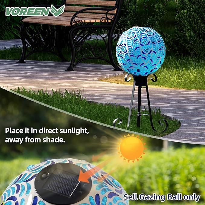 VOREEN Solar Gazing Ball, 10" Mosaic Glass Gazing Globe with Solar Light, Handmade Outdoor Yard Decor Sphere for Patio Lawn Garden, Gift for Mom Wife Friend, Peacock Feather Design (Blue)