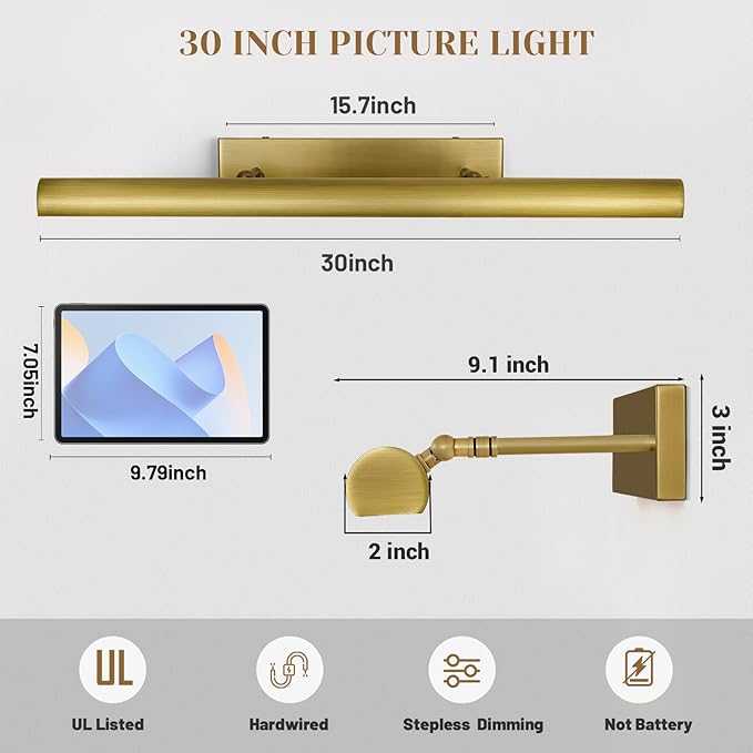 Brass Picture Lights for Wall, 4-Light Brush Gold Art Light, Dimmable Gallery