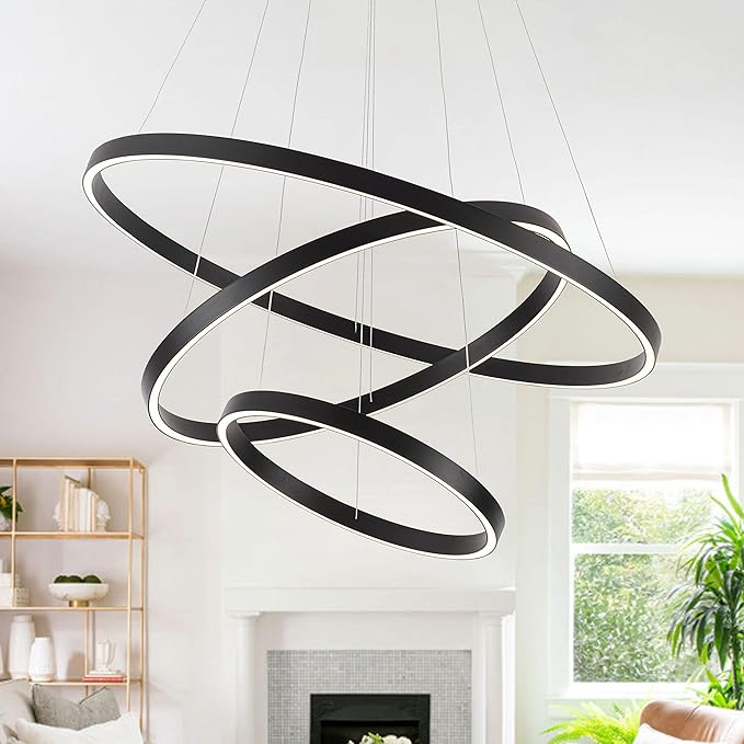 Elegant 3-Rings Black Modern LED Chandelier – Fully Dimmable High Ceiling