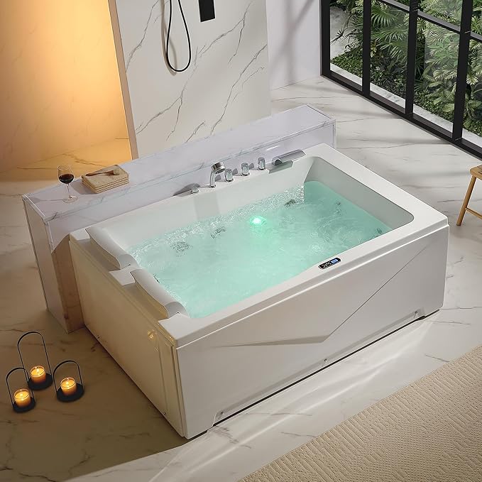 Empava 2 Person Heated Soaking Whirlpool Bathtub, 71” Jetted Tubs with 16 Jets(8 Water Jetted + 8 Air Bubble), Acrylic SPA Bath Tub, with LED control panel, Faucet and two white pillows