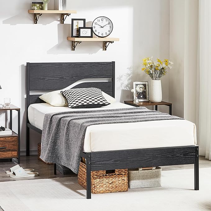 VECELO Twin Size Bed Frame with Wood Headboard and Footboard, 14 Inch Platform/No Box Spring Needed, Heavy Duty Support, Easy Assembly