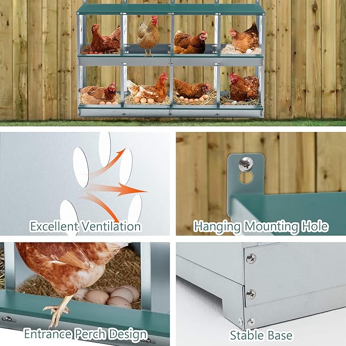 8 Compartment Chicken Nesting Boxes for Laying Eggs, Metal Poultry Nest Box Wall Mount for Chickens, Hens, Large Vented Holes Chicken Coop Box Green (8 Holes)