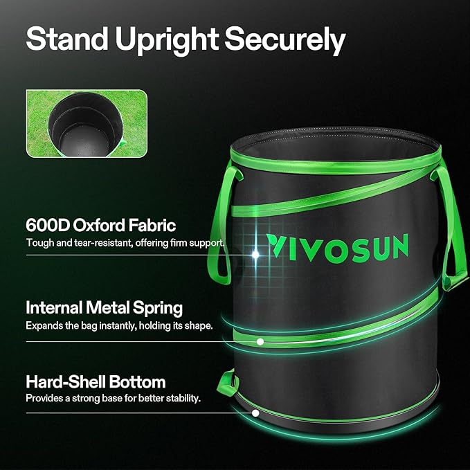 VIVOSUN 47-Gallon Collapsible Trash Can, Reusable Pop-Up Garden Bag with Hard-Shell Bottom, Leaf Scoops and Gloves, Yard Waste Container for Lawn Care and Camping, 2-Pack